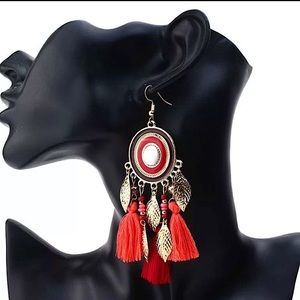 Red Bohemian Leaf Tassel Earrings